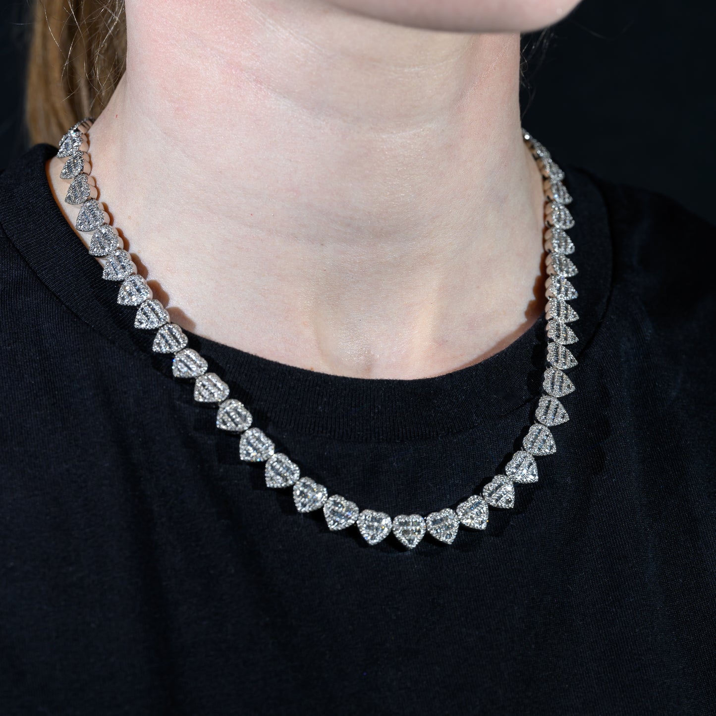 10k White Gold Round and Baguette Diamond Heart Necklace 7.70 ctw