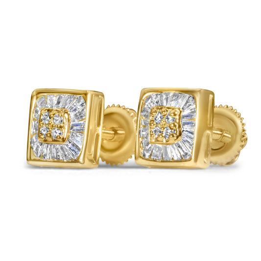 14k Yellow Gold Square Diamond Baguette Earrings 0.50 CTW