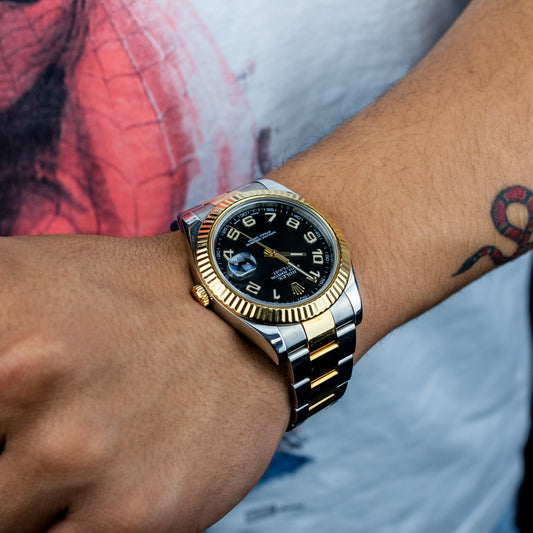 Rolex Date-Just II 41mm, Two-Tone 18K Yellow Gold & Stainless Steel, 18k Yellow Gold Fluted Bezel, Black Arabic Dial, Oyster Bracelet Ref. 116333