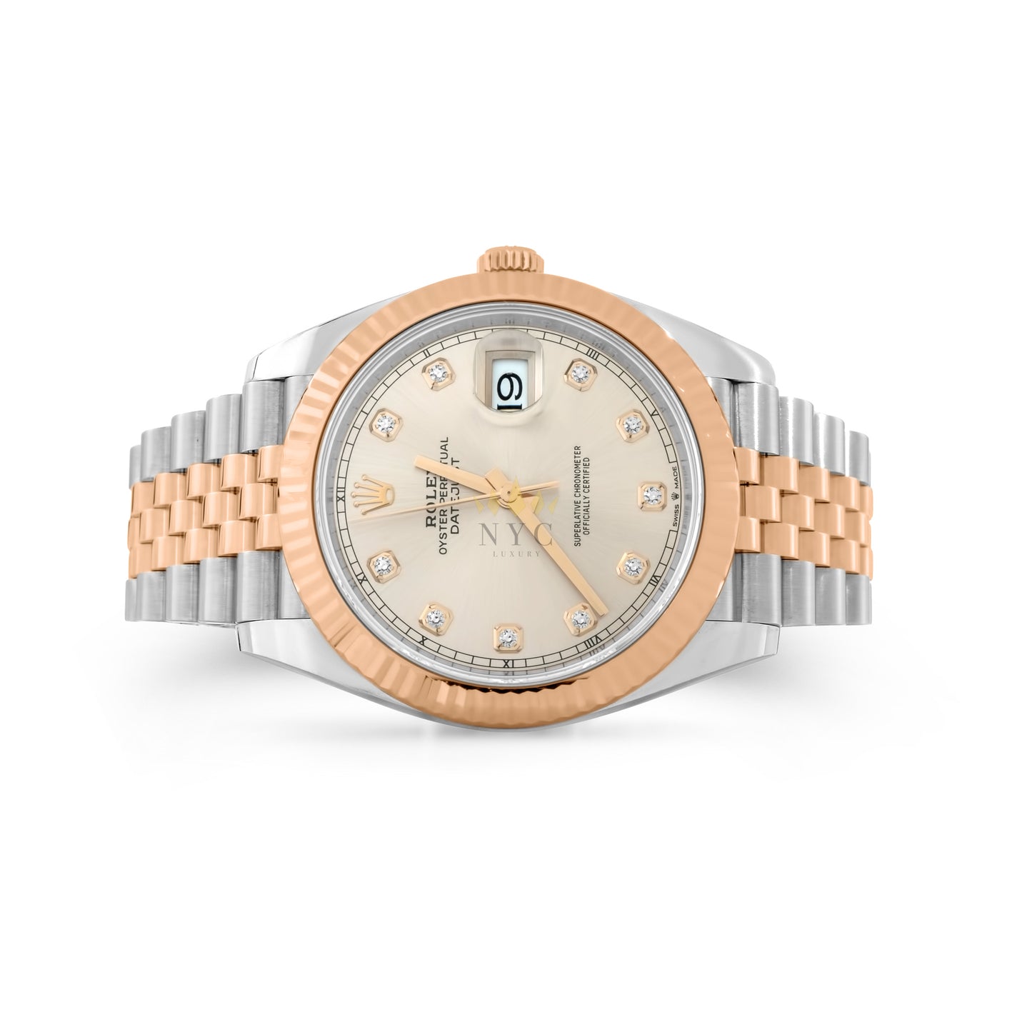 Rolex Datejust II 41mm two tone rose gold and steel, 18k rose gold fluted bezel, jubilee bracelet, wimbeldon dial, Ref. 126331