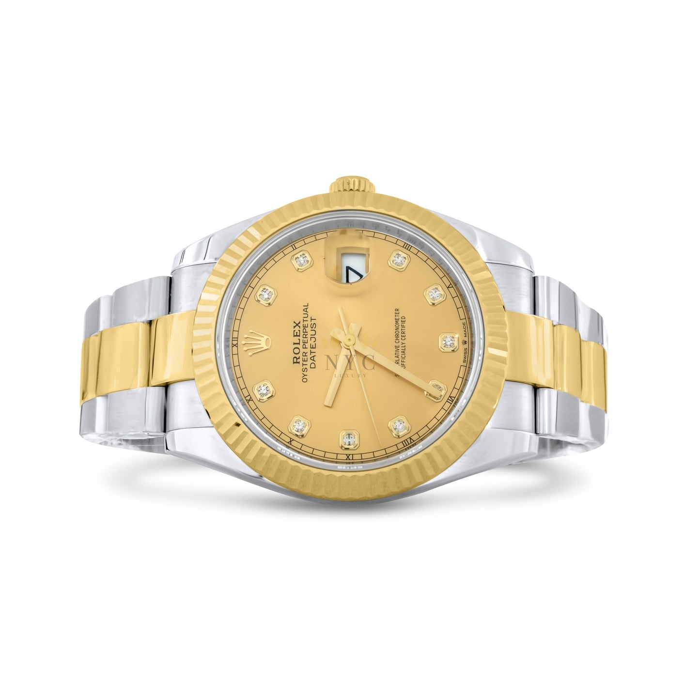 Rolex Datejust II 41mm, Two Tone Yellow Gold & Steel, 18k Yellow Gold fluted Bezel, Oyster Bracelet, Factory Champagne Diamond Dial, Ref. 116333