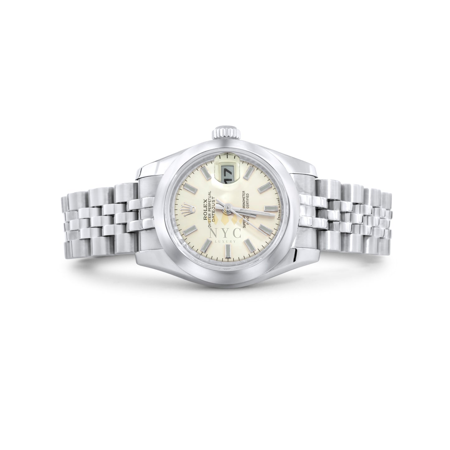 Rolex 26mm Ladies Datejust, Stainless Steel, Oyster Bracelet, Smooth Bezel, White Roman Dial Ref. 179160