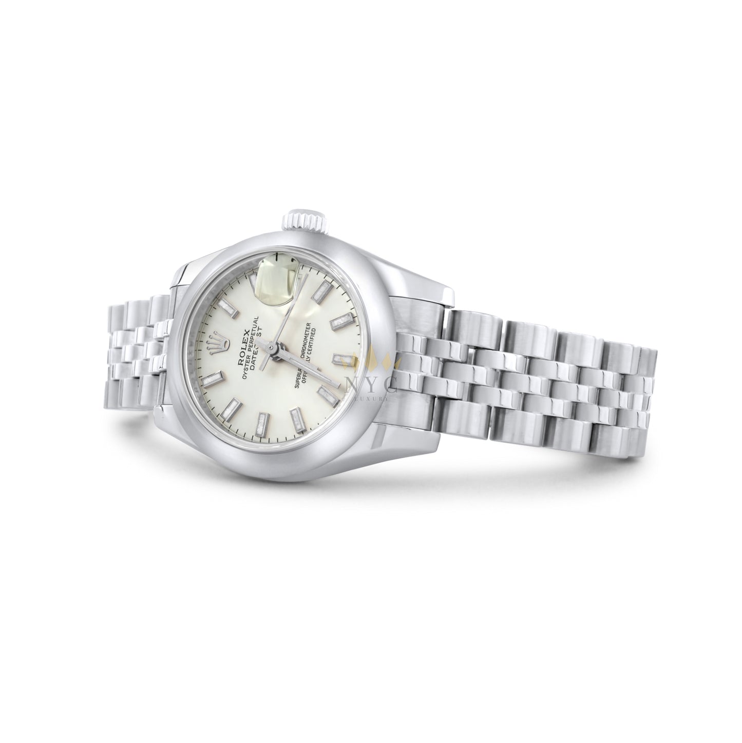 Rolex 26mm Ladies Datejust, Stainless Steel, Oyster Bracelet, Smooth Bezel, White Roman Dial Ref. 179160