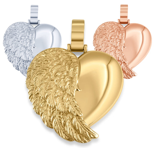 Solid Gold Angel Wing Heart Picture Locket Pendant (10k-14k)