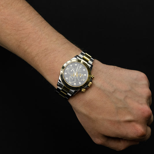 Rolex Daytona 40mm watch, two tone yellow gold and steel, black diamond dial, oyster bracelet, Ref. 116503 DISCONTINUED MODEL