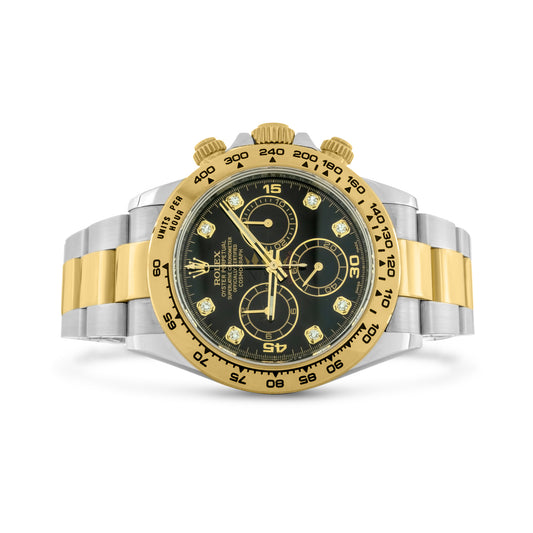 Rolex Daytona 40mm watch, two tone yellow gold and steel, black diamond dial, oyster bracelet, Ref. 116503 DISCONTINUED MODEL