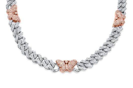 10K Rose & White Gold Diamond Butterfly Cuban Link Chain 7mm 4.15 ctw