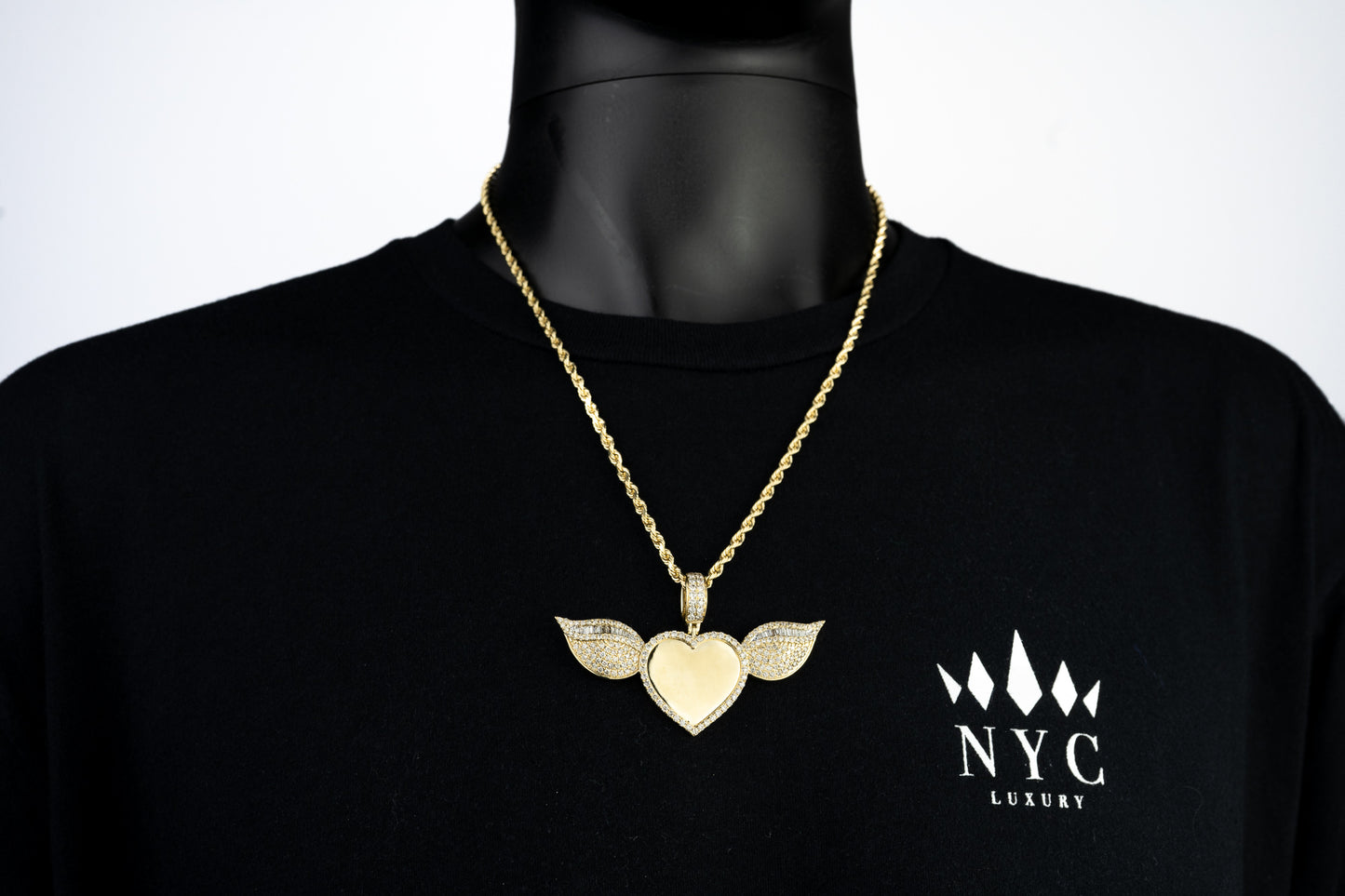 14k Solid Gold Custom Diamond Heart Wing Picture Pendant 3.84ctw