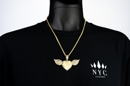 14k Solid Gold Custom Diamond Heart Wing Picture Pendant 3.84ctw
