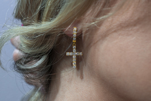 14K Yellow Gold Diamond Cross Earrings 2.00 ctw