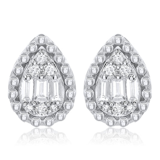 14k White Gold Baguette & Round Diamond Earrings 0.18ctw