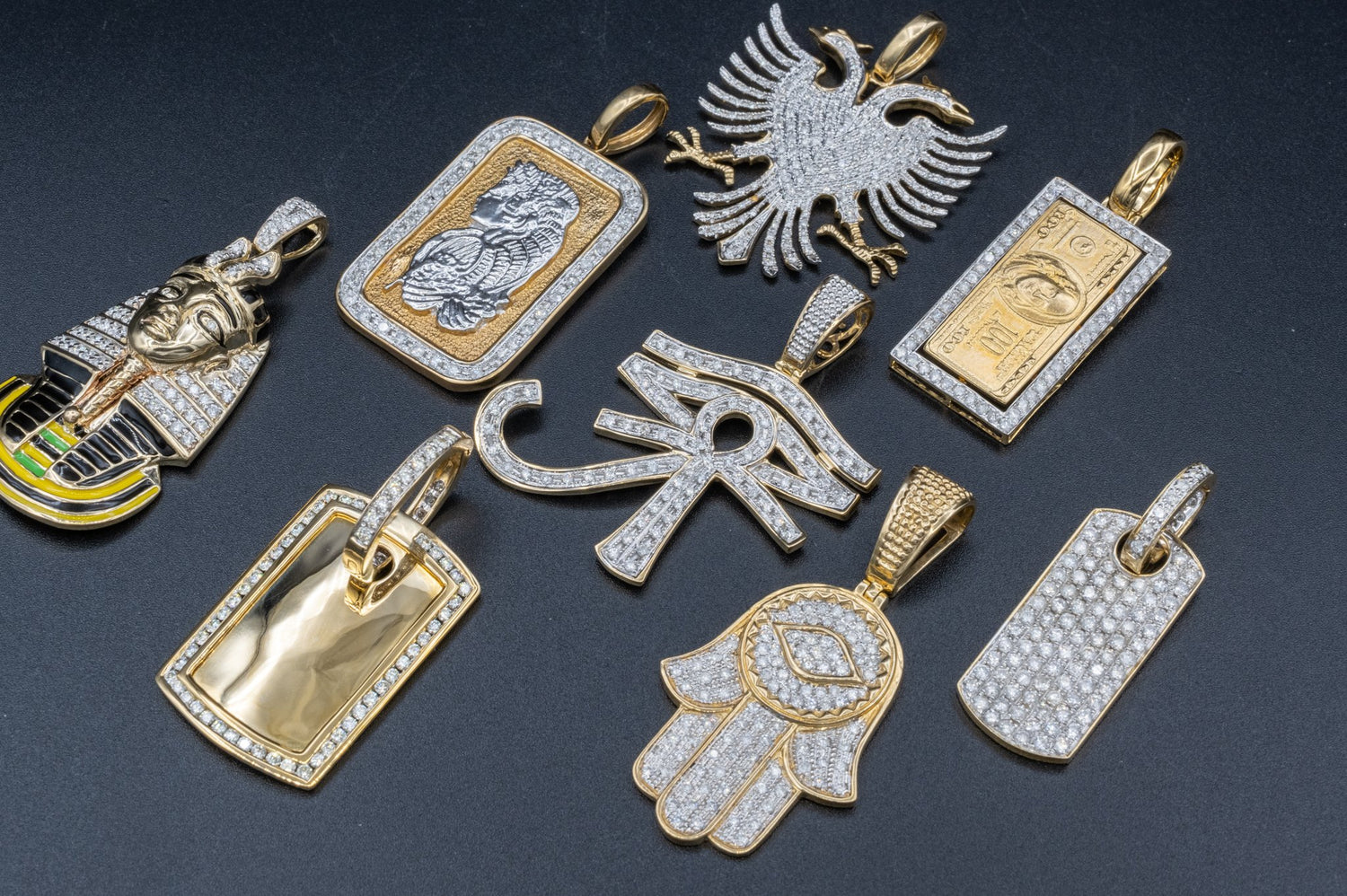 cheap diamond jewelry, cheap custom jewelry, diamond hamsa pendant, diamond eye pendant, 