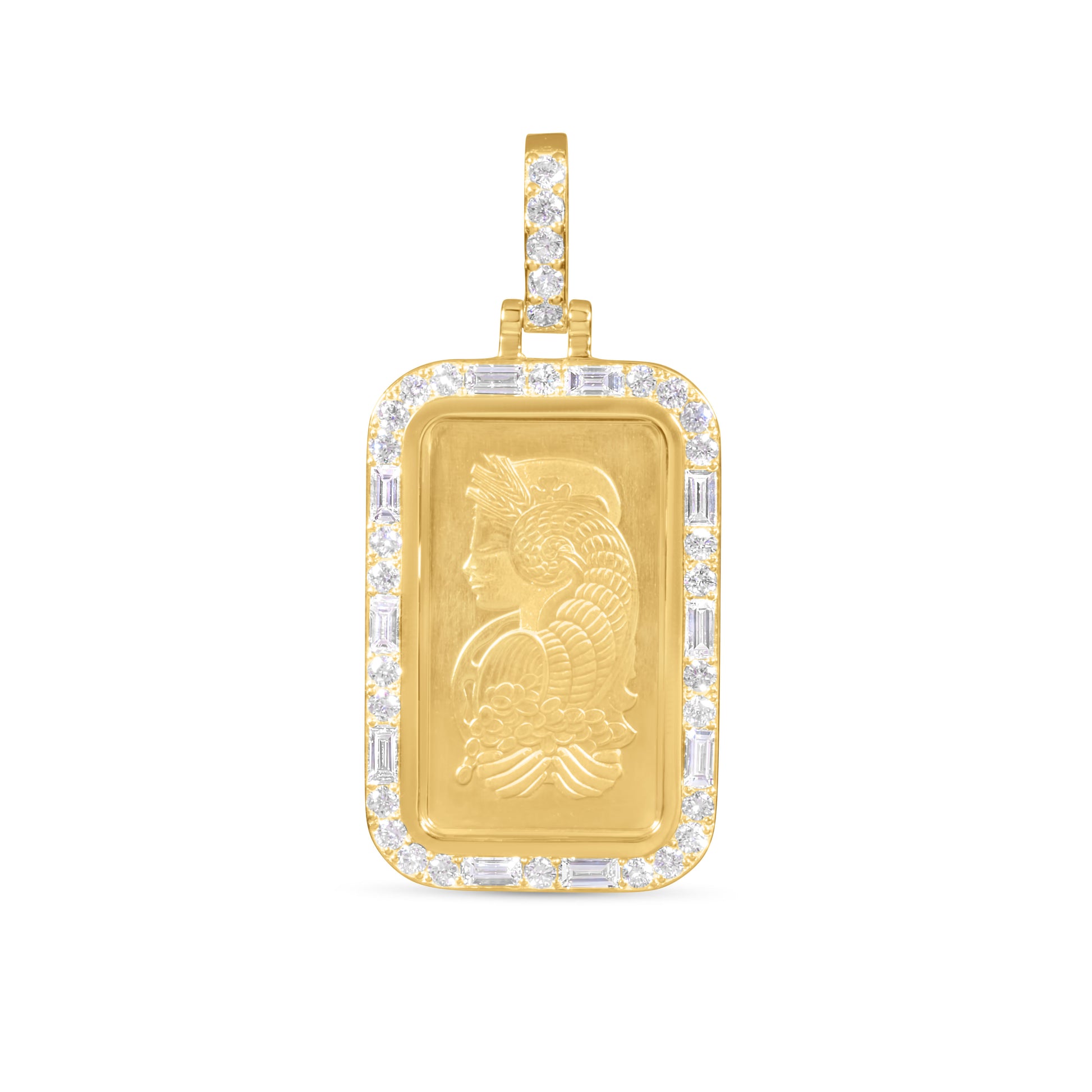 24K Solid Yellow Gold Diamond Lady Fortuna Bar Pendant