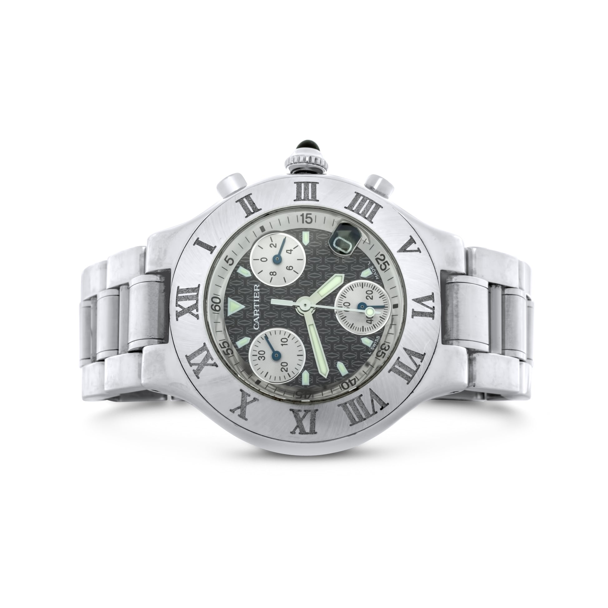 Cartier Chronoscaph 21, Stainless Steel, Black dial, Black Chronograph, Midsize, Chronograph, 38mm Quartz  Ref. W10172t2