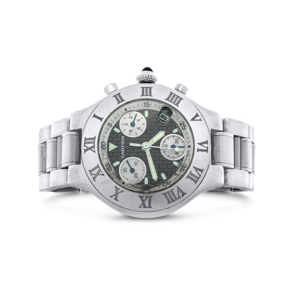Cartier Chronoscaph 21, Stainless Steel, Black dial, Black Chronograph, Midsize, Chronograph, 38mm Quartz  Ref. W10172t2
