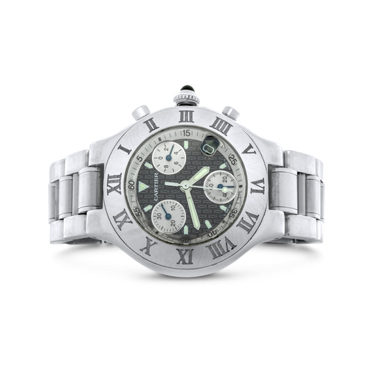 Cartier Chronoscaph 21, Stainless Steel, Black dial, Black Chronograph, Midsize, Chronograph, 38mm Quartz  Ref. W10172t2