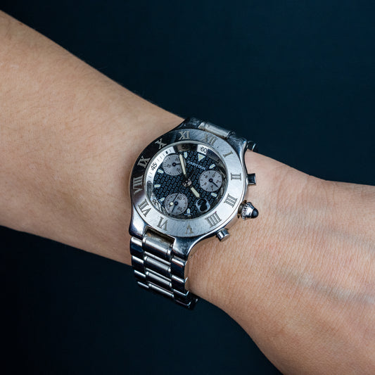 Cartier Must 21 Chronoscaph , Stainless Steel, Black dial, Black Chronograph, Midsize, Chronograph, 38mm Quartz  Ref. W10172t2