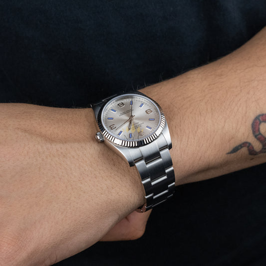 Rolex Air King Stainless Steel, Silver Dial  With Blue Hour Markers, 34mm, Ref. 114200