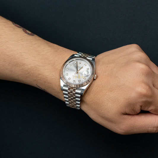 Rolex Datejust II 41mm two tone rose gold and steel, 18k rose gold fluted bezel, jubilee bracelet, wimbeldon dial, Ref. 126331
