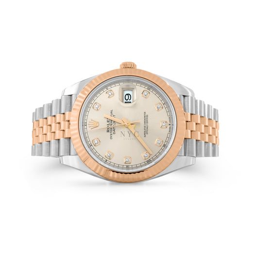 Rolex Datejust II 41mm two tone rose gold and steel, 18k rose gold fluted bezel, jubilee bracelet, wimbeldon dial, Ref. 126331