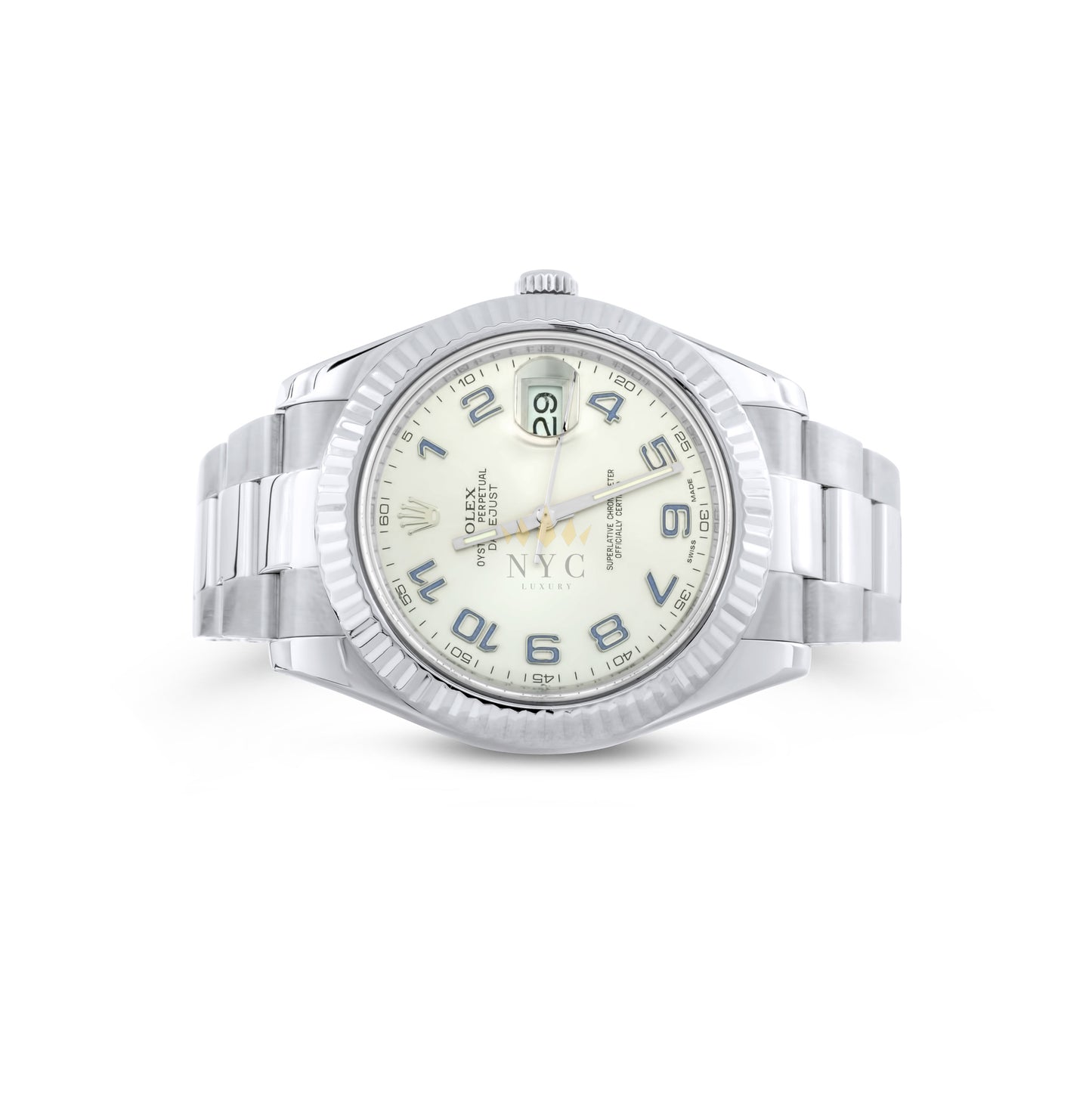 Rolex Datejust II 41mm watch, stainless steel, 18k white gold fluted bezel, black index/stick dial, oyster bracelet, Ref. 116334