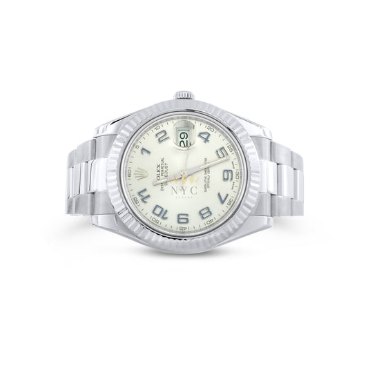 Rolex Datejust II 41mm watch, stainless steel, 18k white gold fluted bezel, black index/stick dial, oyster bracelet, Ref. 116334