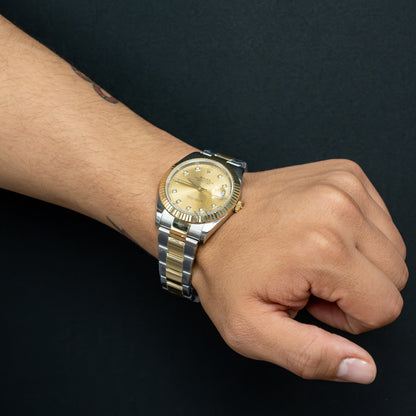 Rolex Datejust II 41mm, Two Tone Yellow Gold & Steel, 18k Yellow Gold fluted Bezel, Oyster Bracelet, Factory Champagne Diamond Dial, Ref. 116333
