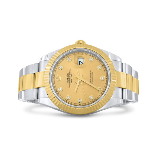 Rolex Datejust II 41mm, Two Tone Yellow Gold & Steel, 18k Yellow Gold fluted Bezel, Oyster Bracelet, Factory Champagne Diamond Dial, Ref. 116333