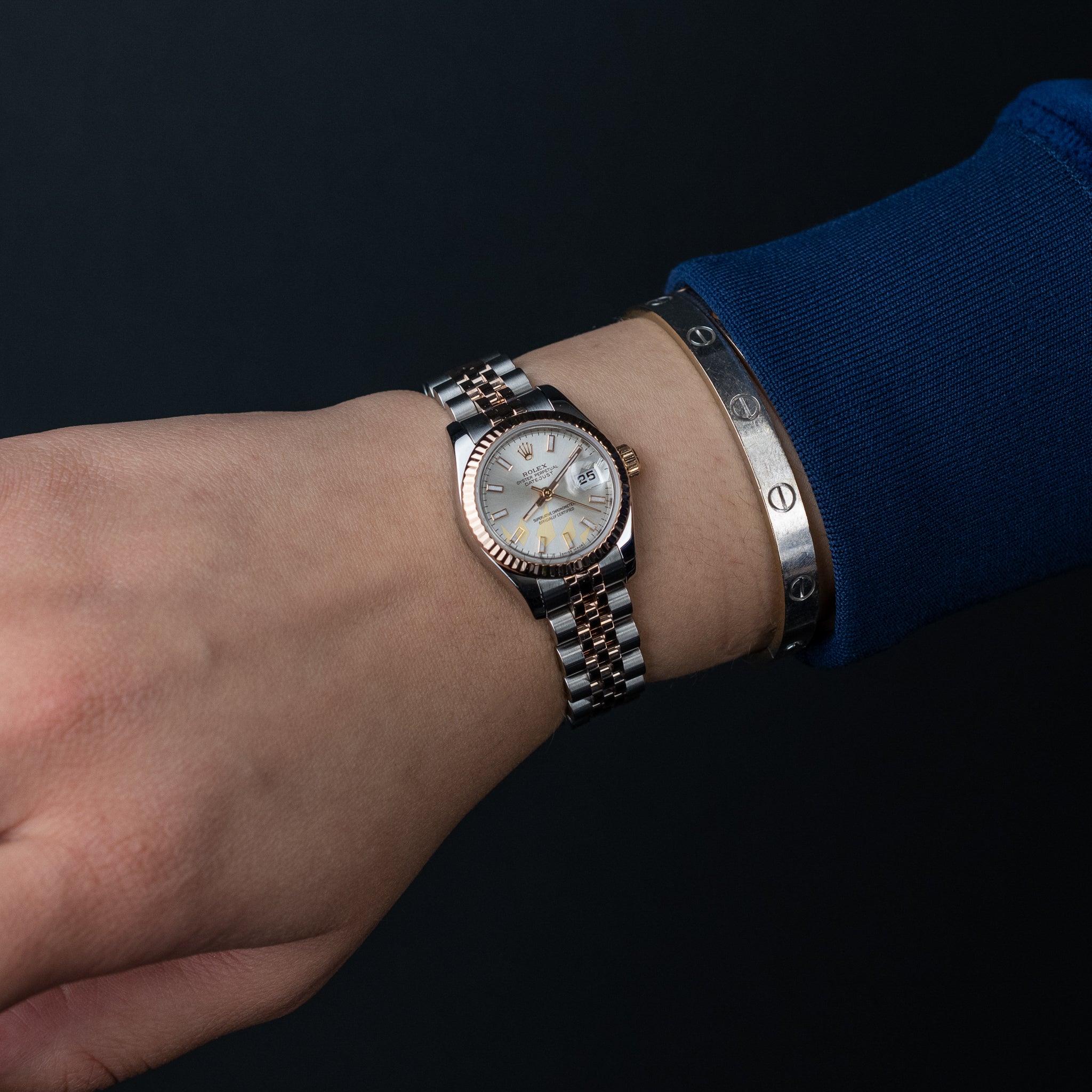 Rolex Ladies 26mm Datejust Two Tone Rose Gold Steel Rose Gold Fluted Bezel Jubilee Bracelet Silver Dial Ref. 189171