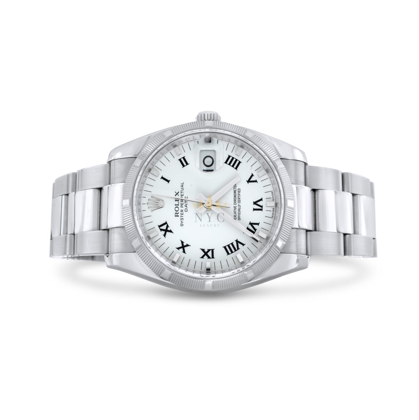 Rolex Oyster Perpetual Date, 34mm, Stainless Steel, Engine Turn Bezel, White Roman Dial, Ref.115210