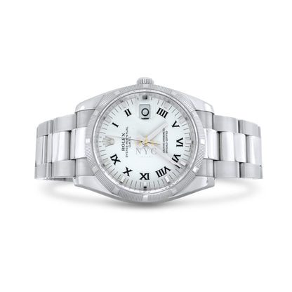 Rolex Oyster Perpetual Date, 34mm, Stainless Steel, Engine Turn Bezel, White Roman Dial, Ref.115210