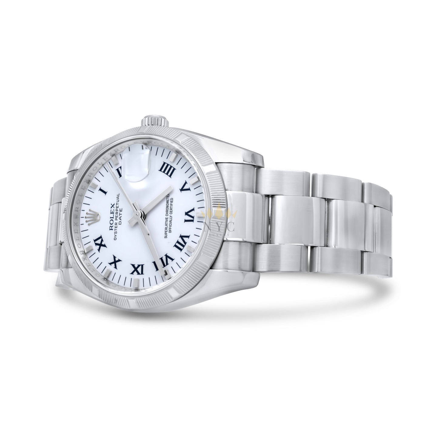Rolex Oyster Perpetual Date, 34mm, Stainless Steel, Engine Turn Bezel, White Roman Dial, Ref.115210
