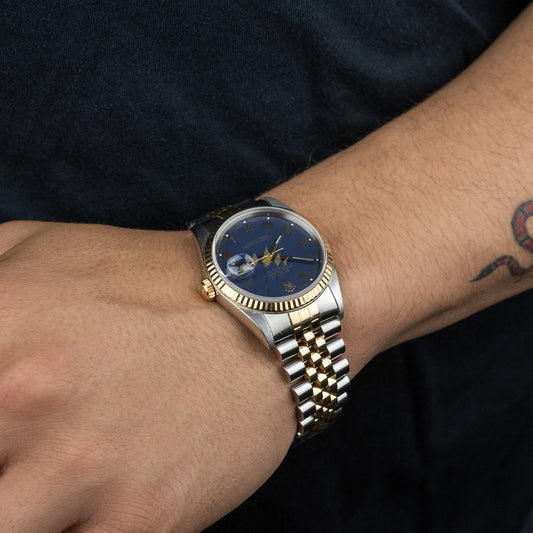 Rolex datejust 36mm Two Tone Yellow Gold, Yellow Gold Fluted Bezel, Jubilee bracelet, Rare Blue Vignette Diamond Dial, Ref. 16233