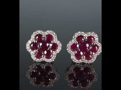 14k Solid Gold Diamond Ruby Cluster Earrings