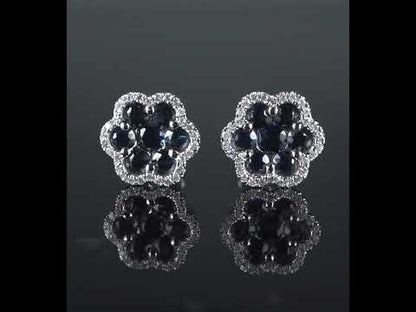 14k White Gold Diamond Sapphire Cluster Earrings