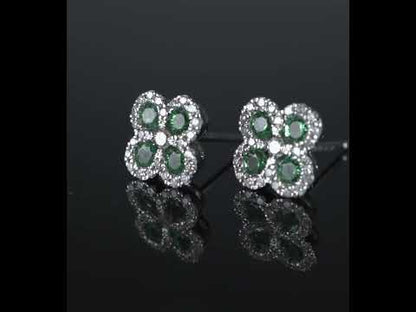 14k White Gold Diamond Emerald Flower Earrings