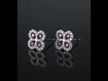 14k White Gold Diamond Ruby Flower Earrings