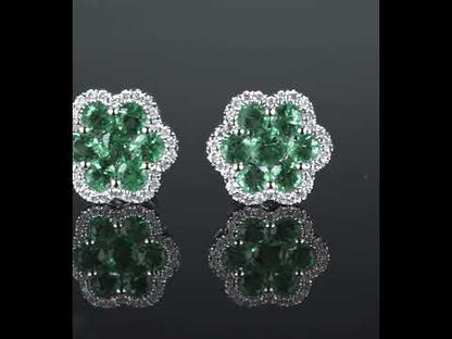 14k White Gold Diamond Emerald Cluster Earrings