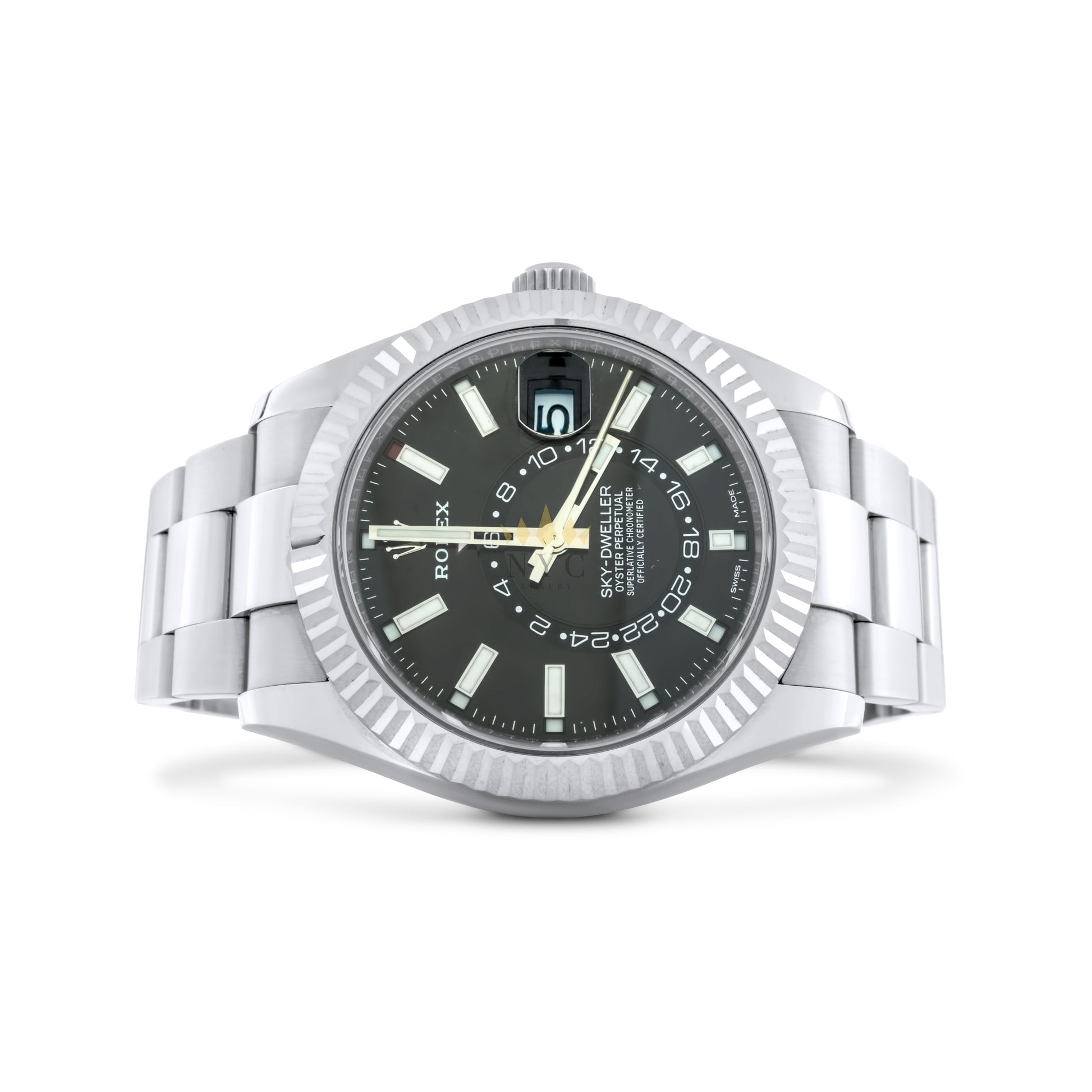 Rolex Sky-Dweller 42mm Stainless steel, 18k White Gold w. Fluted Bezel, Black Dial, Oyster bracelet Ref. 326934 - Preowned