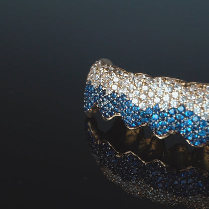 14K Yellow Gold Blue & White Diamond Honeycomb (Bottom) Grillz
