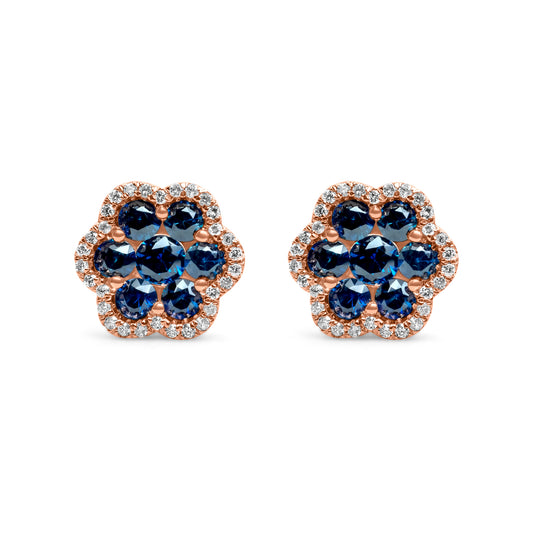 14k Rose Gold Diamond Sapphire Cluster Earrings