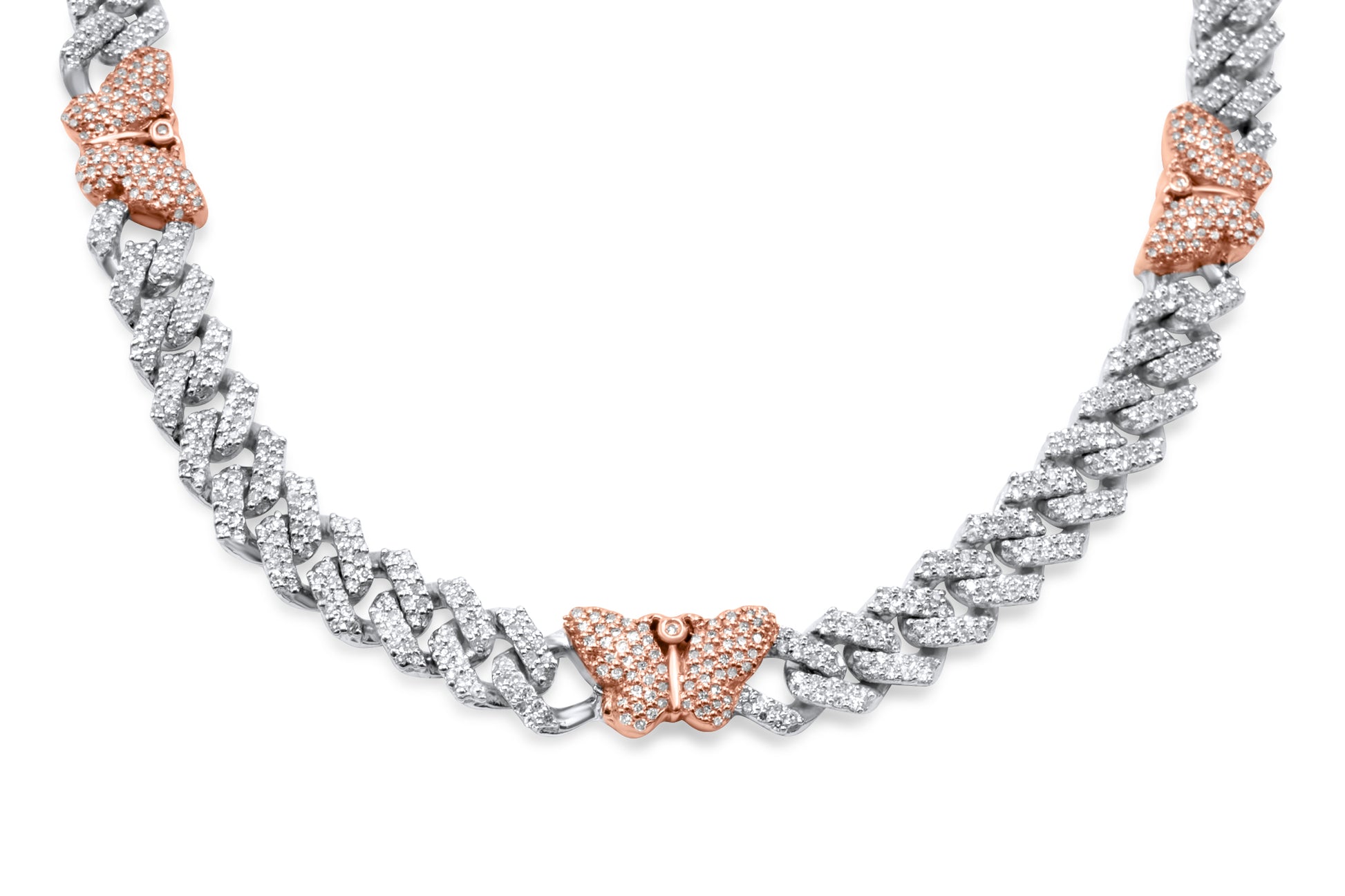 10K Rose & White Gold Diamond Butterfly Cuban Link Chain 7mm 4.15 ctw