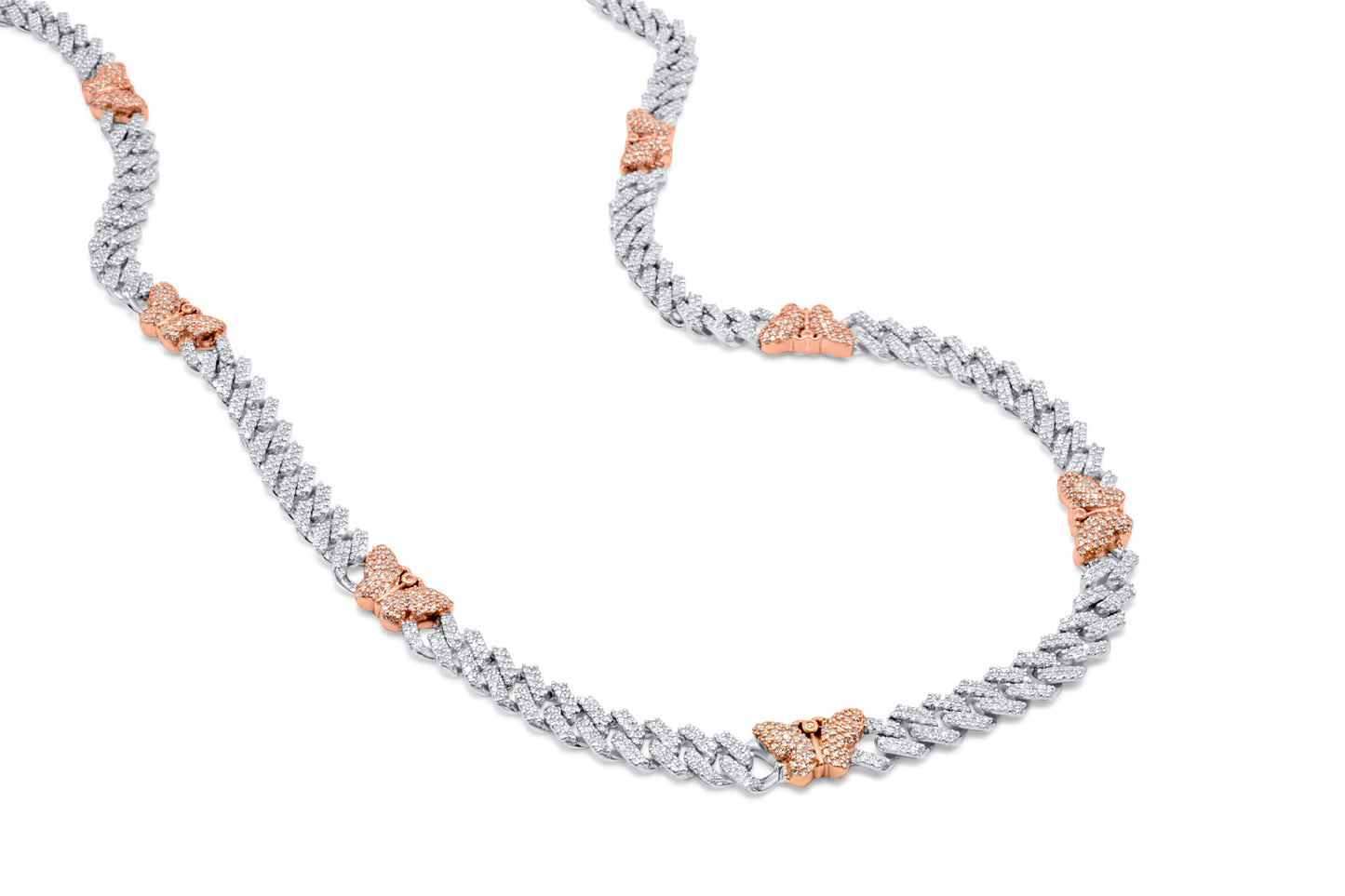 10K Rose & White Gold Diamond Butterfly Cuban Link Chain 7mm 4.15 ctw