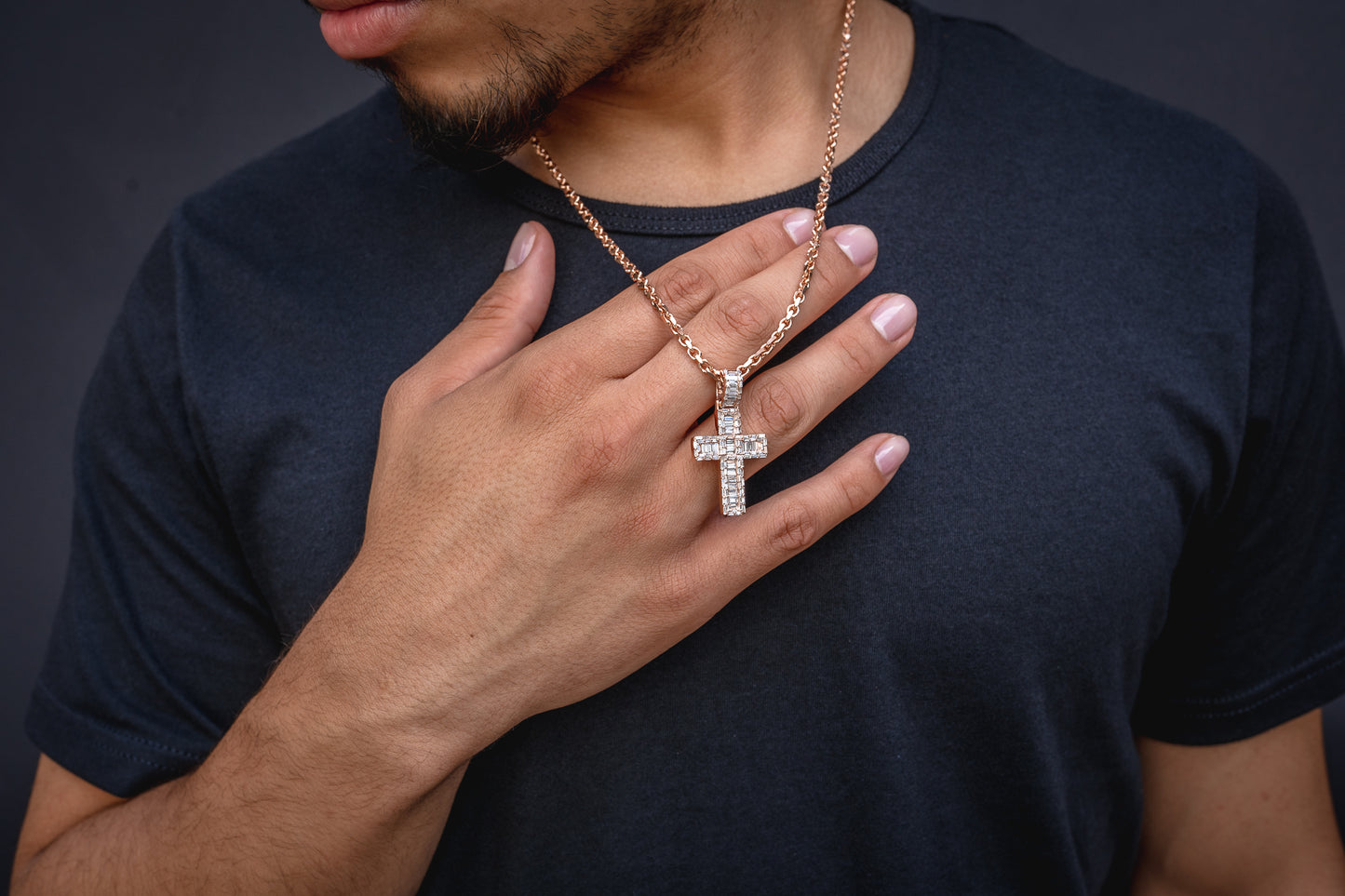 14K Rose Gold Baguette Cross Diamond Pendant 1.30 CTW