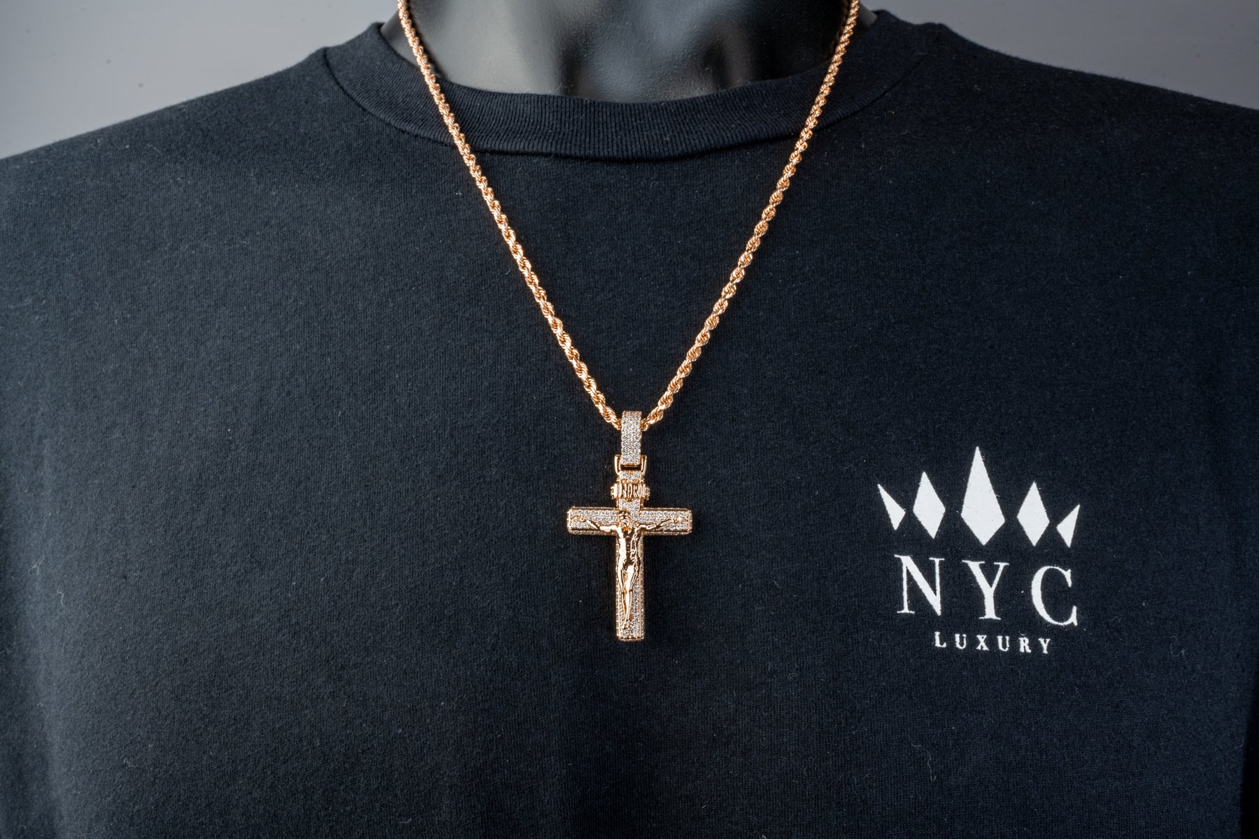 Women's Micro Diamond Gold Cross Necklace Pendant & Rope Gold Chain