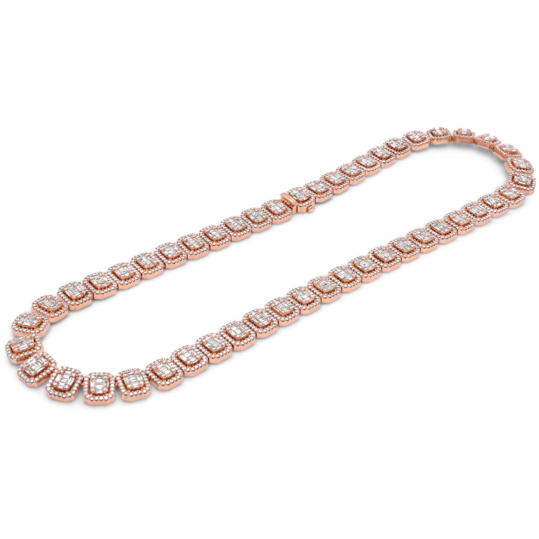 14K Triangle Shaped Round and Baguette Diamond Necklace 14K Rose Gold / 17 Inches