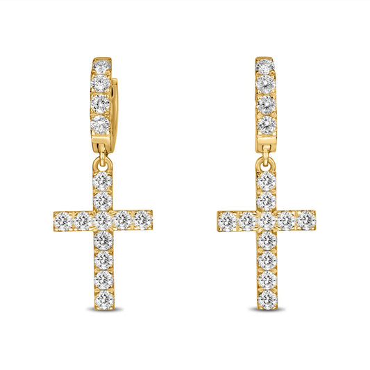 14K Yellow Gold Diamond Cross Earrings 2.00 CTW