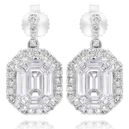14k White Gold Baguette & Round Diamond Earrings 1.31ctw