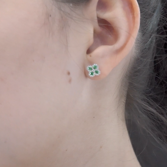 14k White Gold Diamond Emerald Flower Earrings