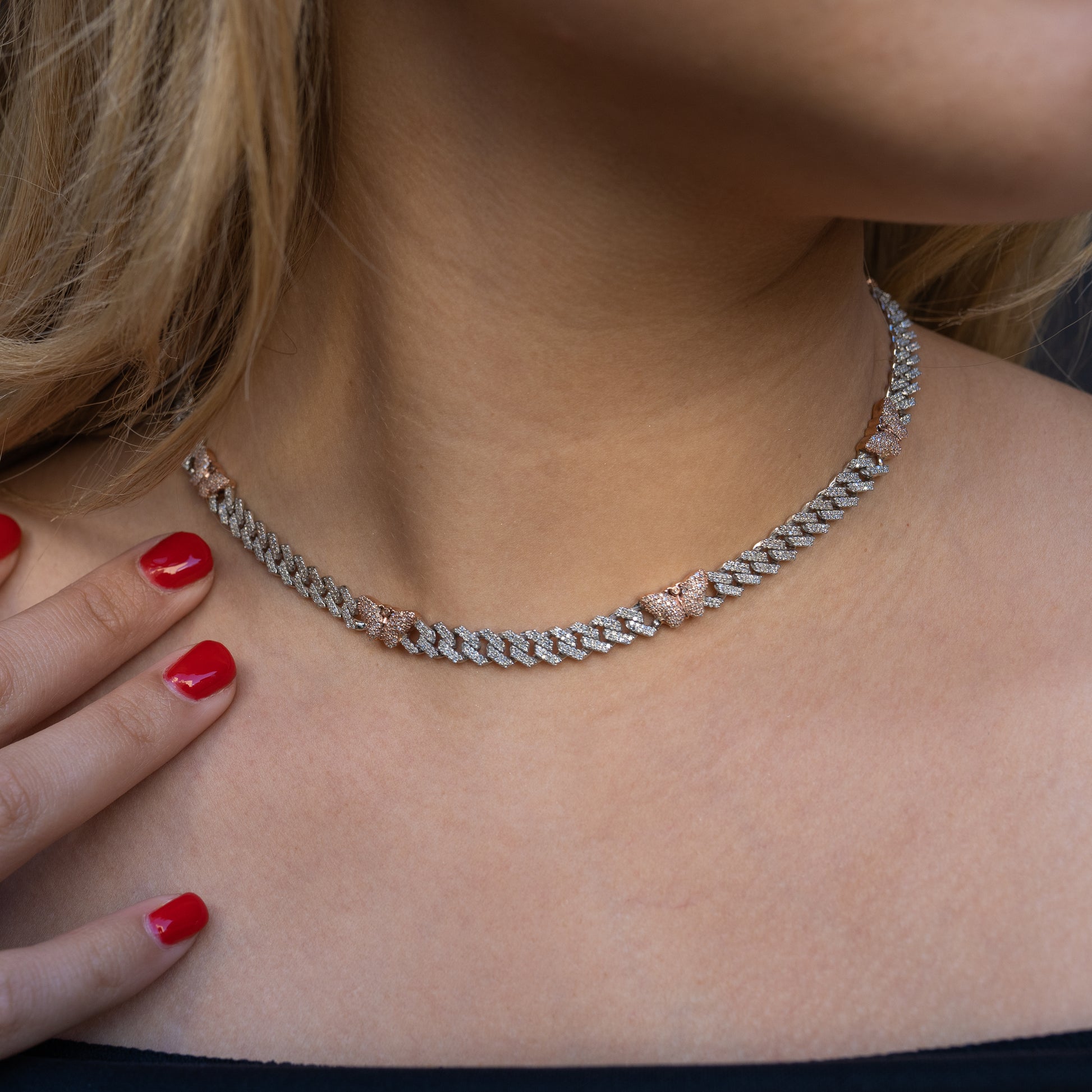 10K Rose White Gold Diamond Chain Butterfly Miami Cuban Link 7mm